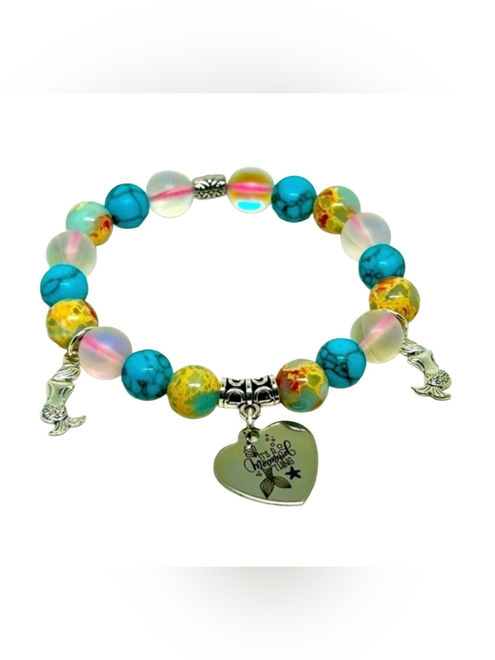 Handmade Mermaid Charm Bracelet with Aurora  Crystals & Sea Sediment Stones!